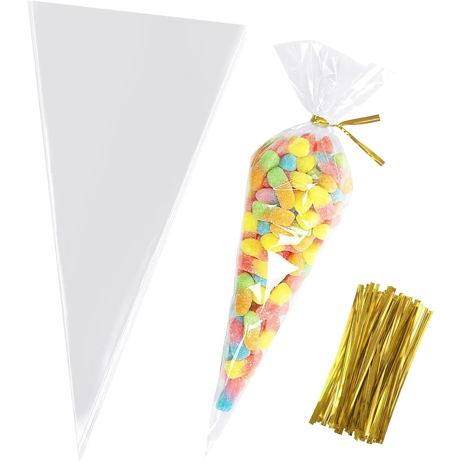 100 Stück transparente kegelförmige Süßigkeiten-Aufbewahrungsbeutel, transparente Plastiktüten, Popcorn-Süßigkeitenbeutel für Babypartys, Hochzeiten, Partybeutel, Zubehör