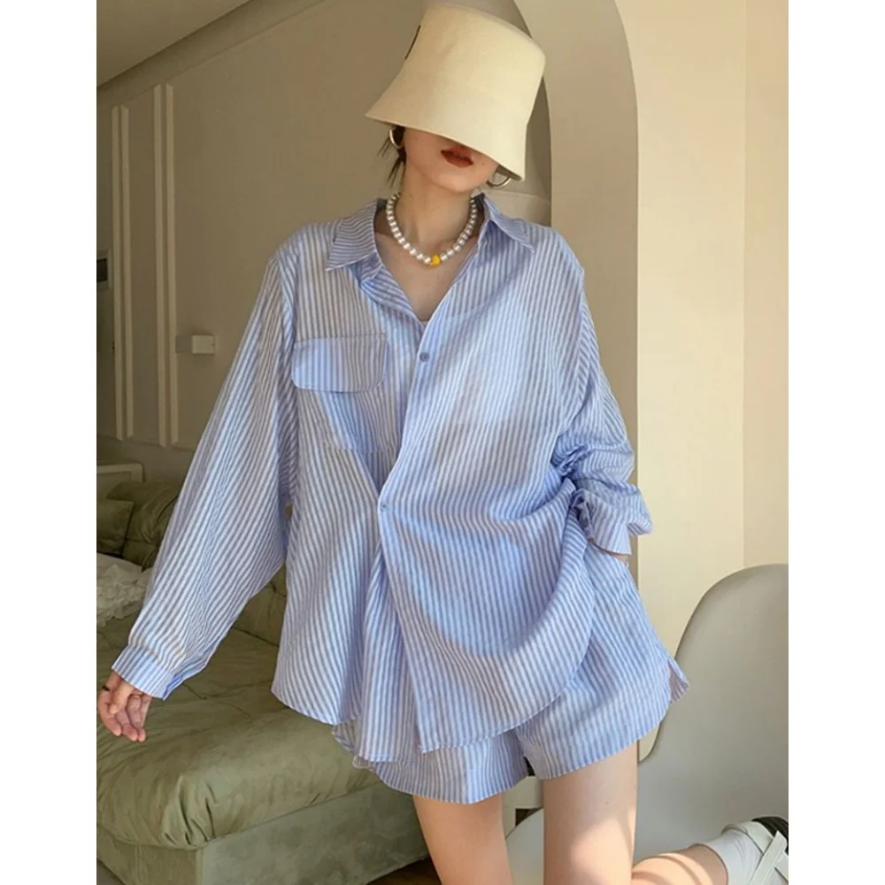 ผู้หญิงฤดูร้อนบางครีมกันแดดเสื้อ Crop SLING Tops สั้นกางเกง 3 ชิ้นชุดเลดี้ Casual Stripe POLO เสื้อกั๊กกางเกงชุด