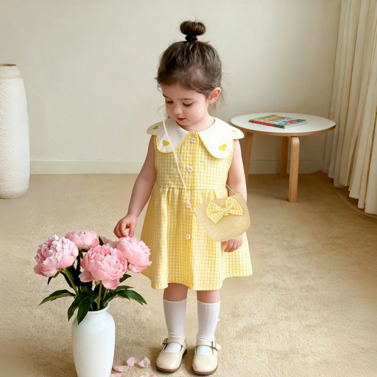 

Новое летнее платье для маленьких девочек, сумка через плечо, комплект из двух предметов, милая клетчатая детская одежда для повседневного отдыха от 9 месяцев до 3 лет)