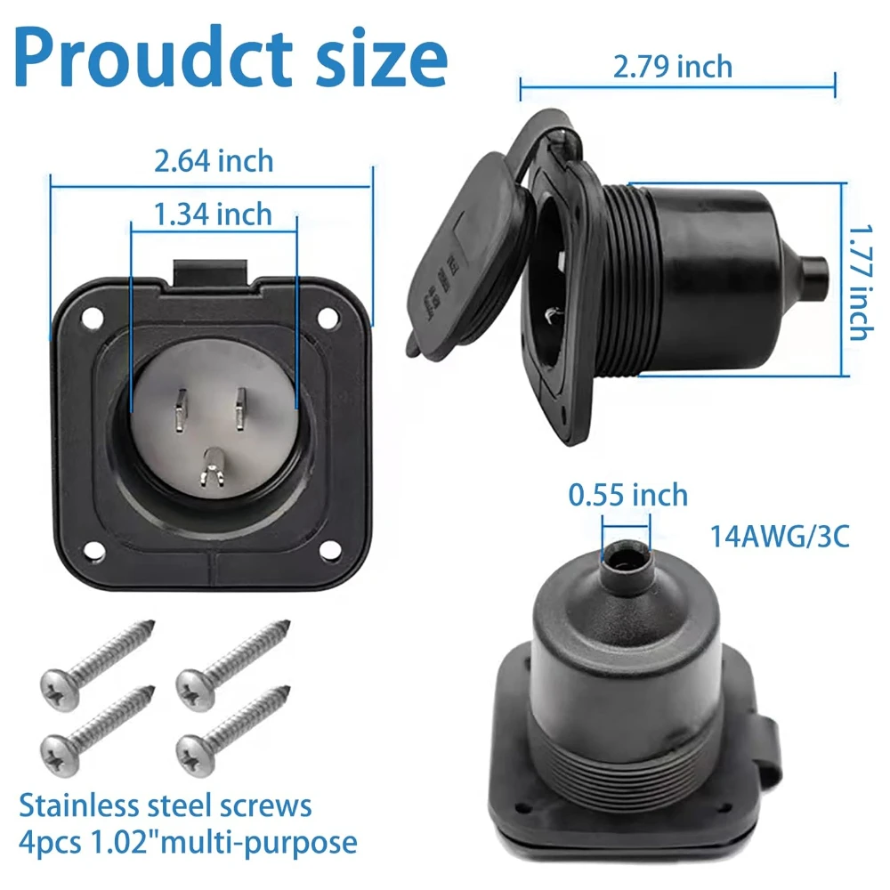 15 Amp Flanged Inlet 125V Shore Power Inlet Plug NEMA 5-15 RV Power Inlet with Waterproof and Back Cover for RV Marine Boat