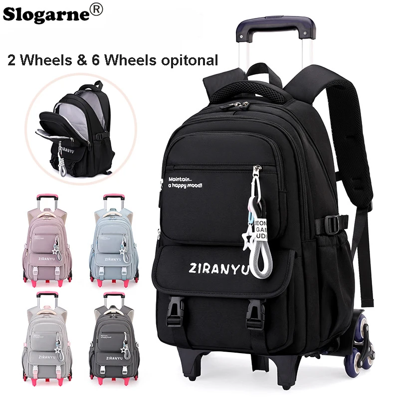 Students Trolley Backpack Kids 2026 New 6 Wheels Rolling Backpack Girls Boys School Bags Women Travel Bagpacks Wheels Bookbags