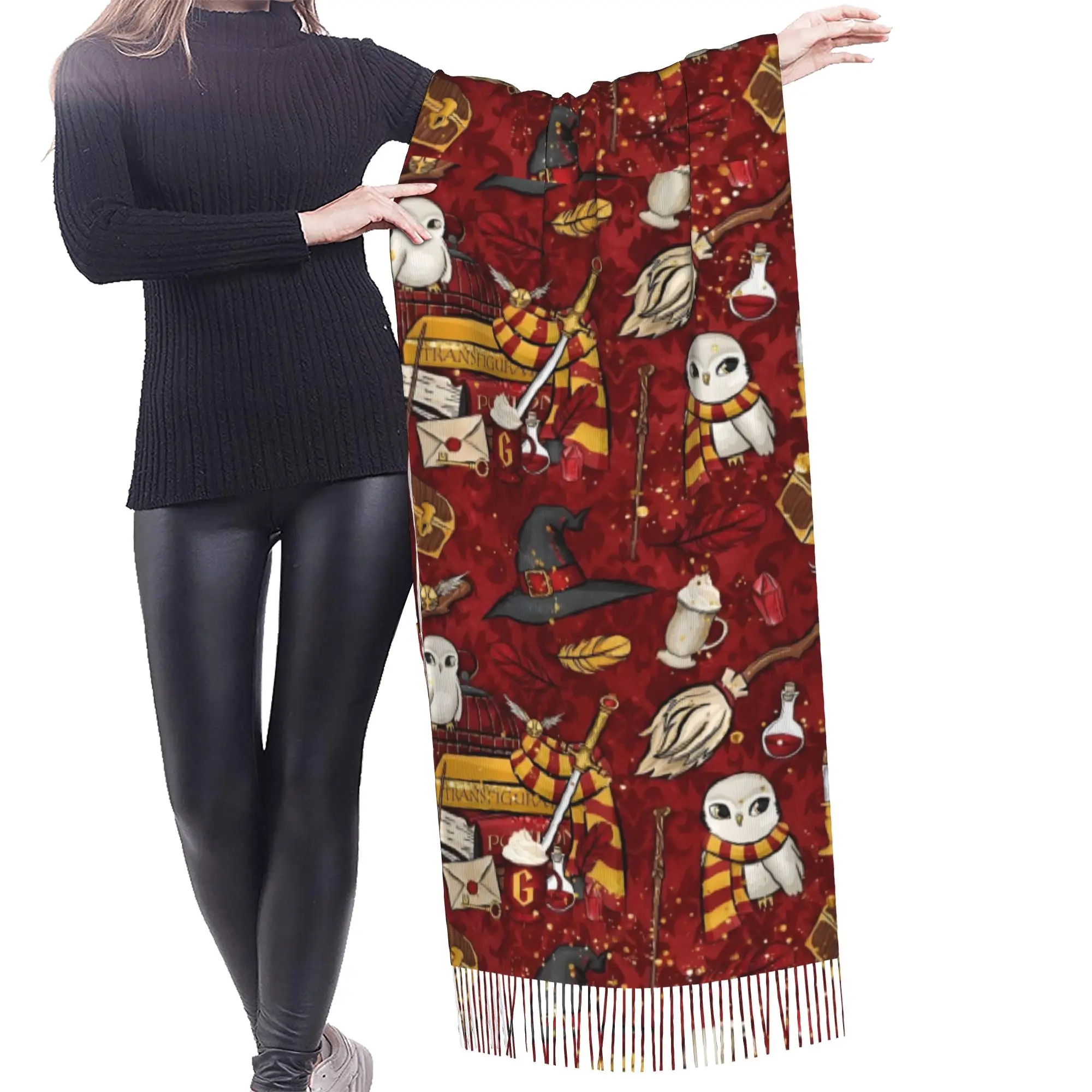 Custom Female Long Halloween H-Harryed Scarves Women Winter Fall Soft Warm Tassel Shawl Wraps Magic School Spooky Scarf