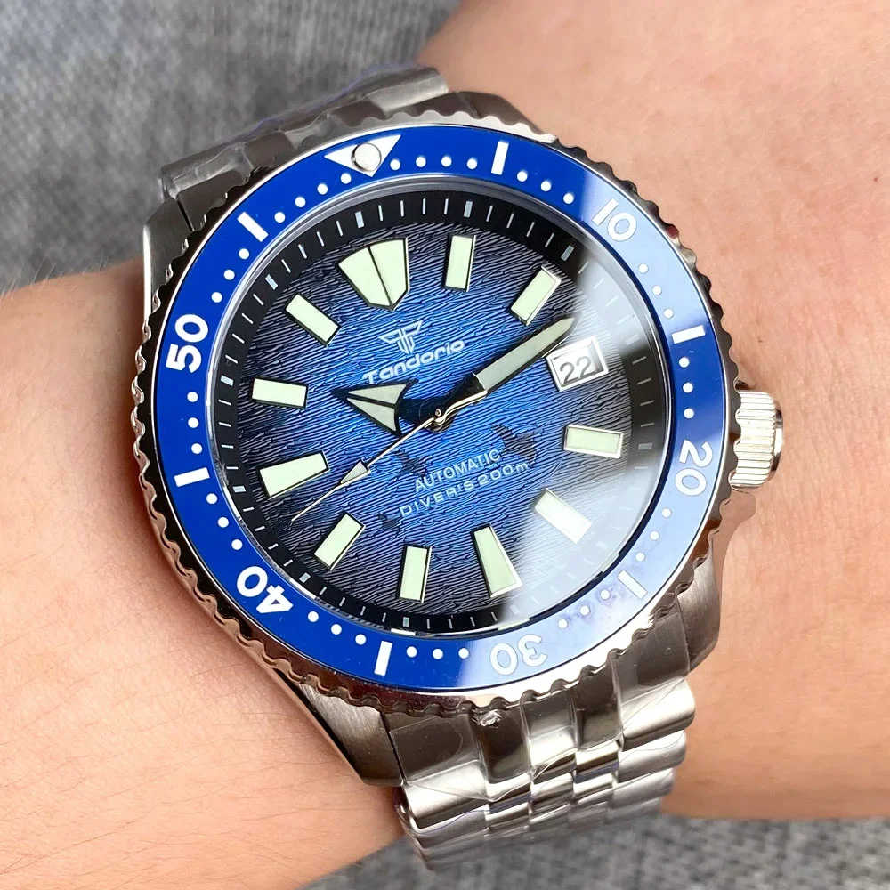 41mm Tandorio Blue Dive Automatic Wristwatch Men Water Resistant Japan nh35 Movt 3.8 Crown Flat Sapphire Professional Diver