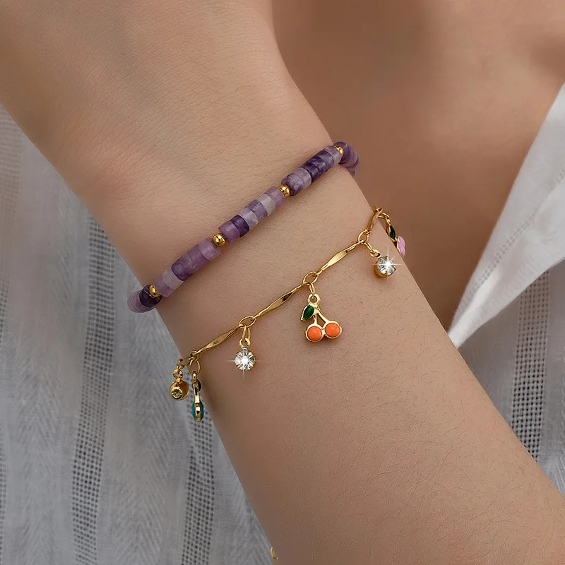 

New Arrival Lavender Natural Stone Beaded Bracelet with 18K Gold Plated Cherry Tassel Double Layer - Perfect Gift for Girlfriend