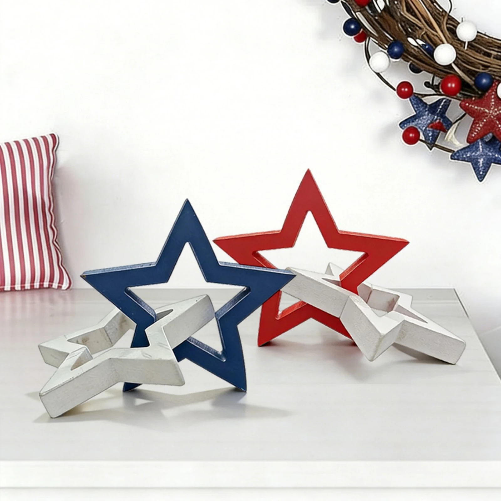 Wooden Five-Pointed Star Ornaments American Independence Day Retro Holiday Party Desktop Center Display Decoration