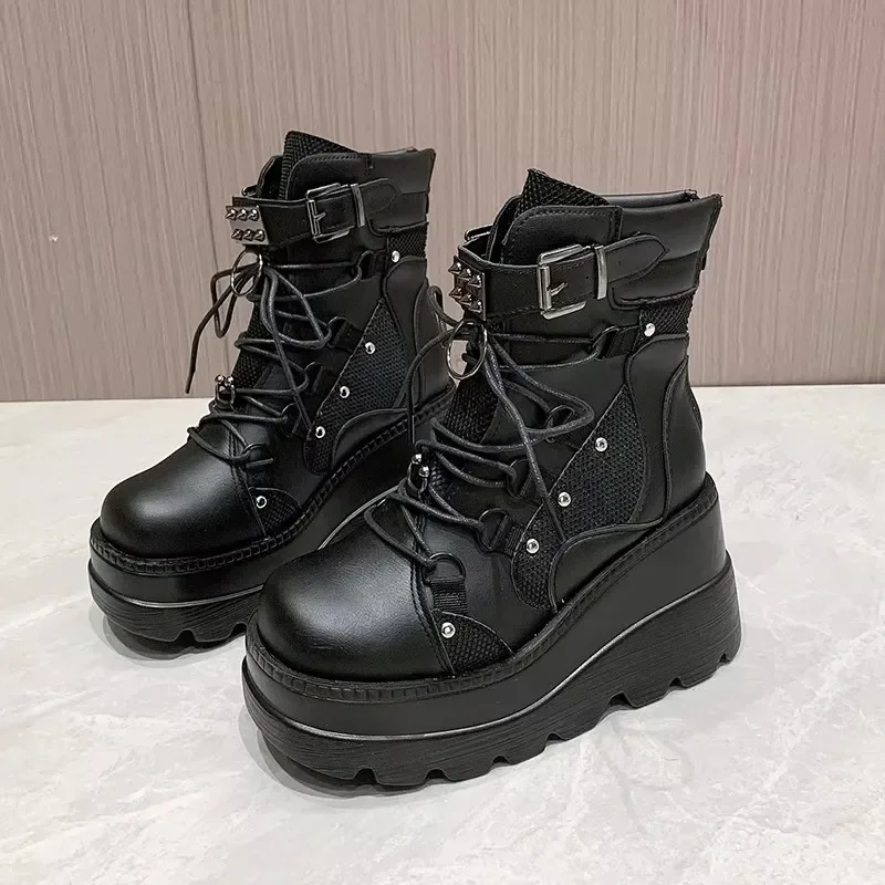 

2025 New Design Women Punk Gothic Motorcycle Boots Platform Chunky High Heel Ankle Boot Ladies Cool Wedge Black Female Shoes