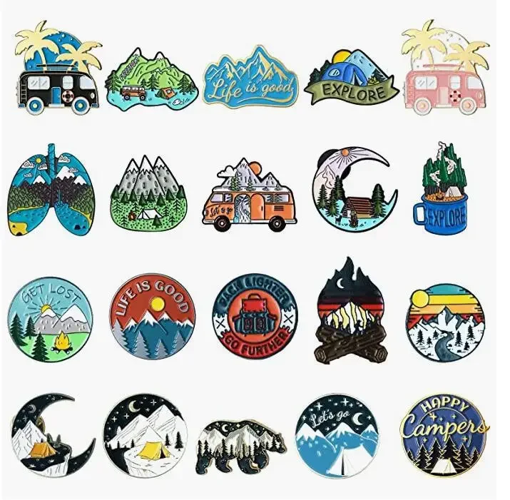 Combination Travel 20 Pcs Set Interesting Camping Flame Brooch for Clothes Backpack Denim Wear Accessories Pin Badges Metal