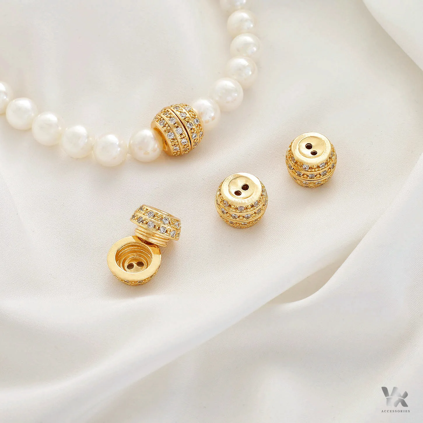 14K Gold Plated, Full Zircon Inlaid Screw Clasp, Rotating Connector Buckle, DIY Pearl Bracelet & Necklace Fastener Accessories