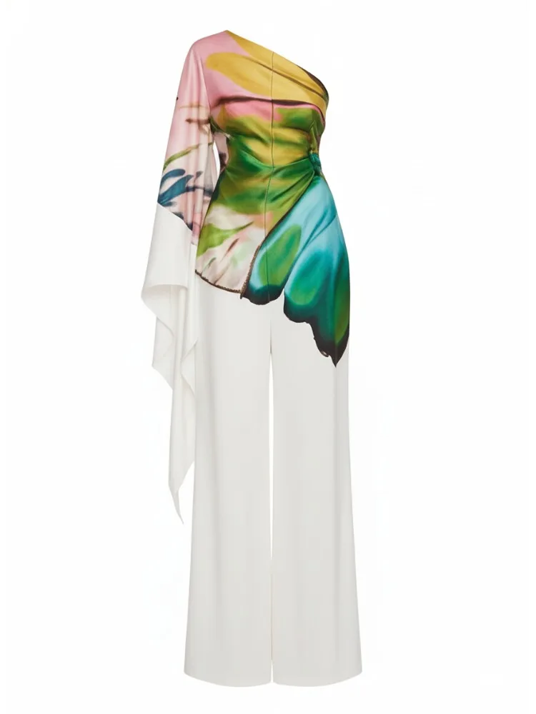 

Women's Abstract Print One Shoulder Draped Sleeve Ruched Waist Wide Leg Jumpsuit Luxury Vacation Outfit for Party & Gala Events