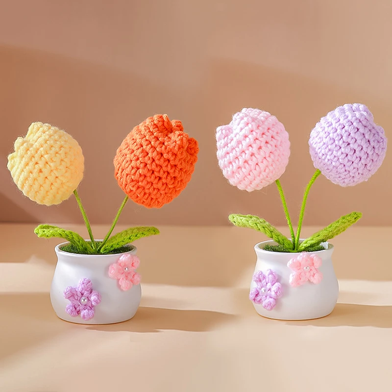 Mini Artificial Flower Knitted Sunflower Tuilp Flower Potted Finished Crochet Flower Pot Valentine's Day Gift Home Desktop Decor