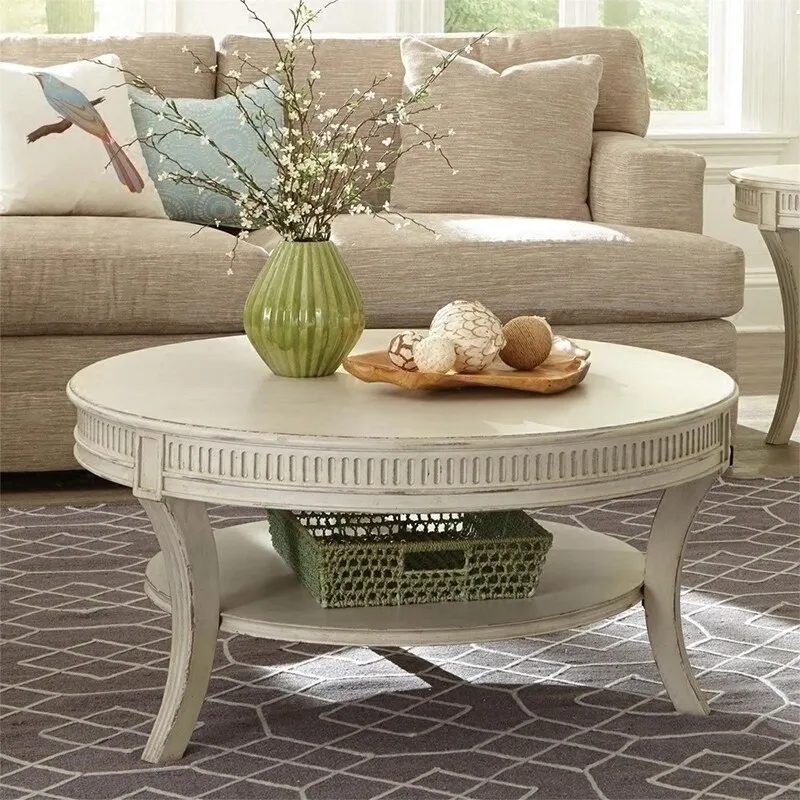 French solid wood round coffee table living room casual tea table old log neoclassical wood carved round coffee table