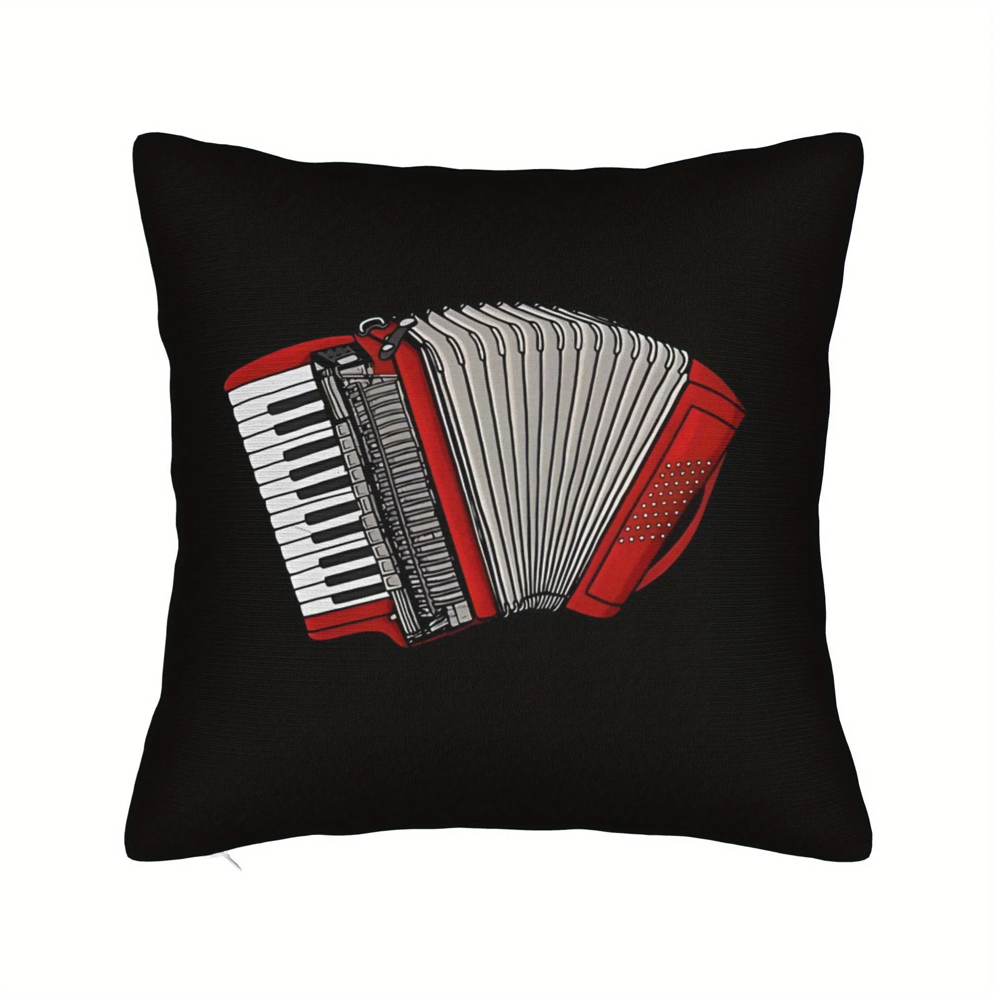1pc Accordion Pillow Cover 45x45cm – Red & White Instrument Print on Black, Polyester Zipper, Machine Washable, No Insert