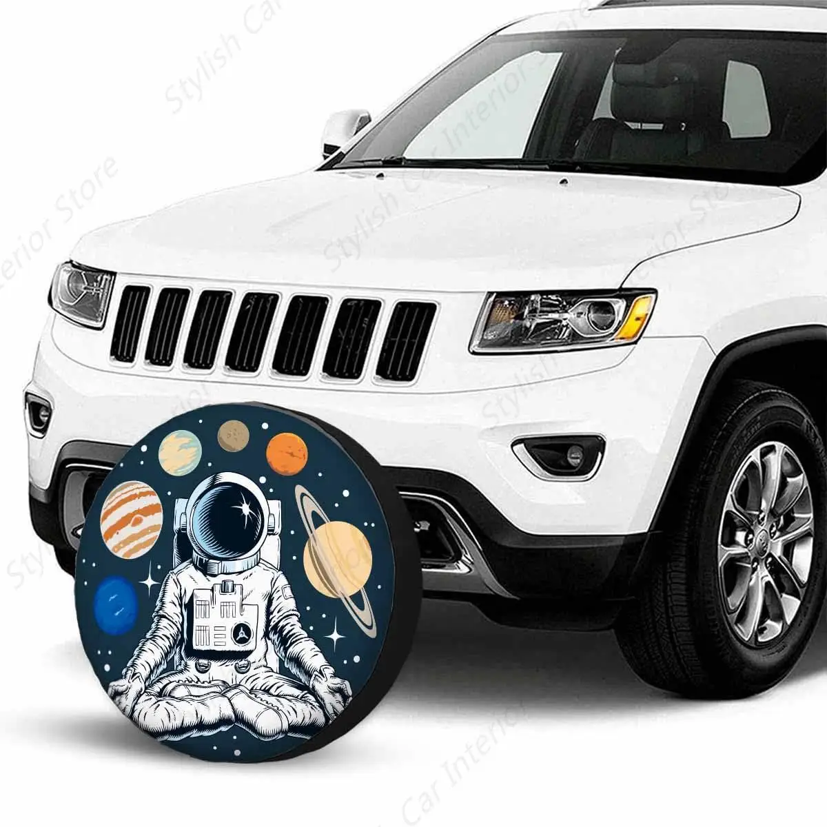 Astronaut Meditation Spare Tire Cover for RV Trailer Sun Planets and Stars on Background Wheel Protectors Weatherproof