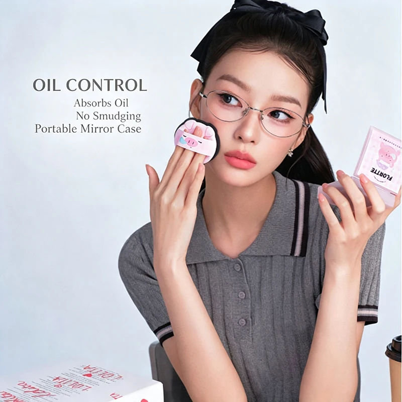 FLORTTE Oil Blotting Paper With Puff Mirror Portable Facial Oil Absorbing Sheets Oil Control No Smudge Makeup Fix Beauty Tool