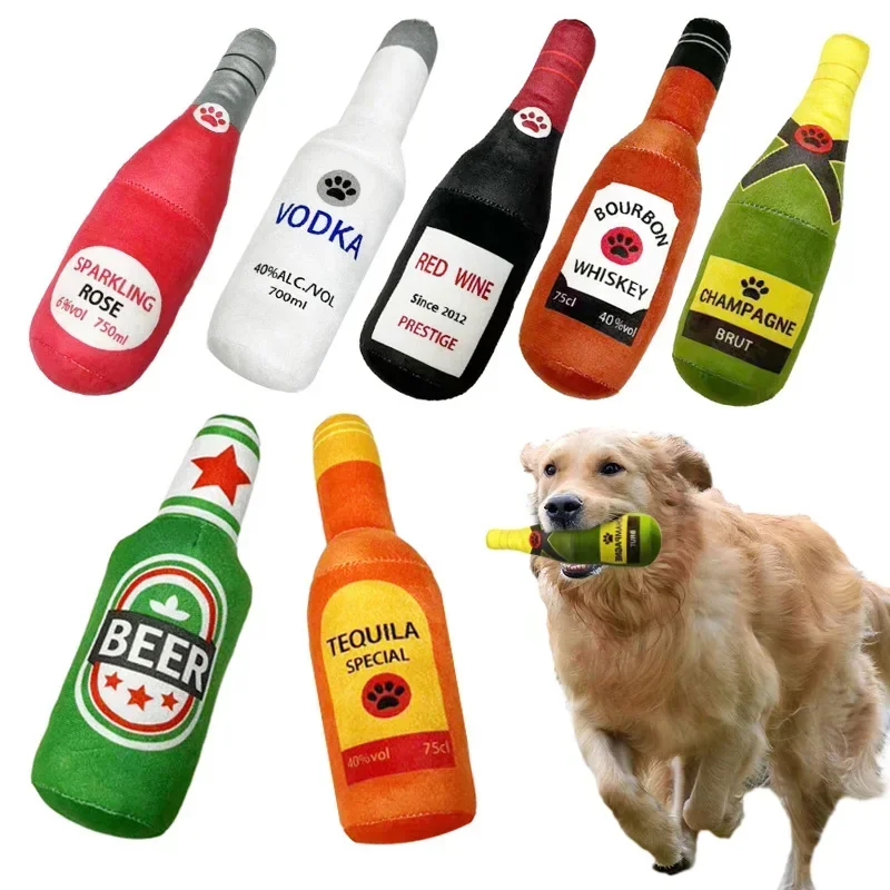 

Funny Plush Dog Toys Beer Bottle Shaped Small Large Dogs Squeak Sound Clean Teeth Chew Toy Pets Interactive Playing Supplies