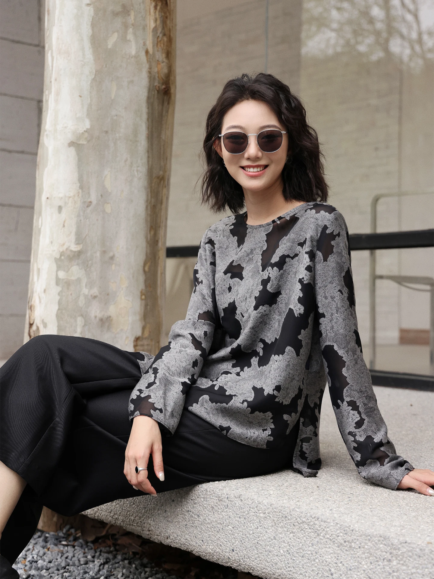 

Lace Splice Long Sleeve Thin T-Shirt Women's Loose Fit Summer New Style Commute Simple Style Polyester Fiber round Neck T-Shirt