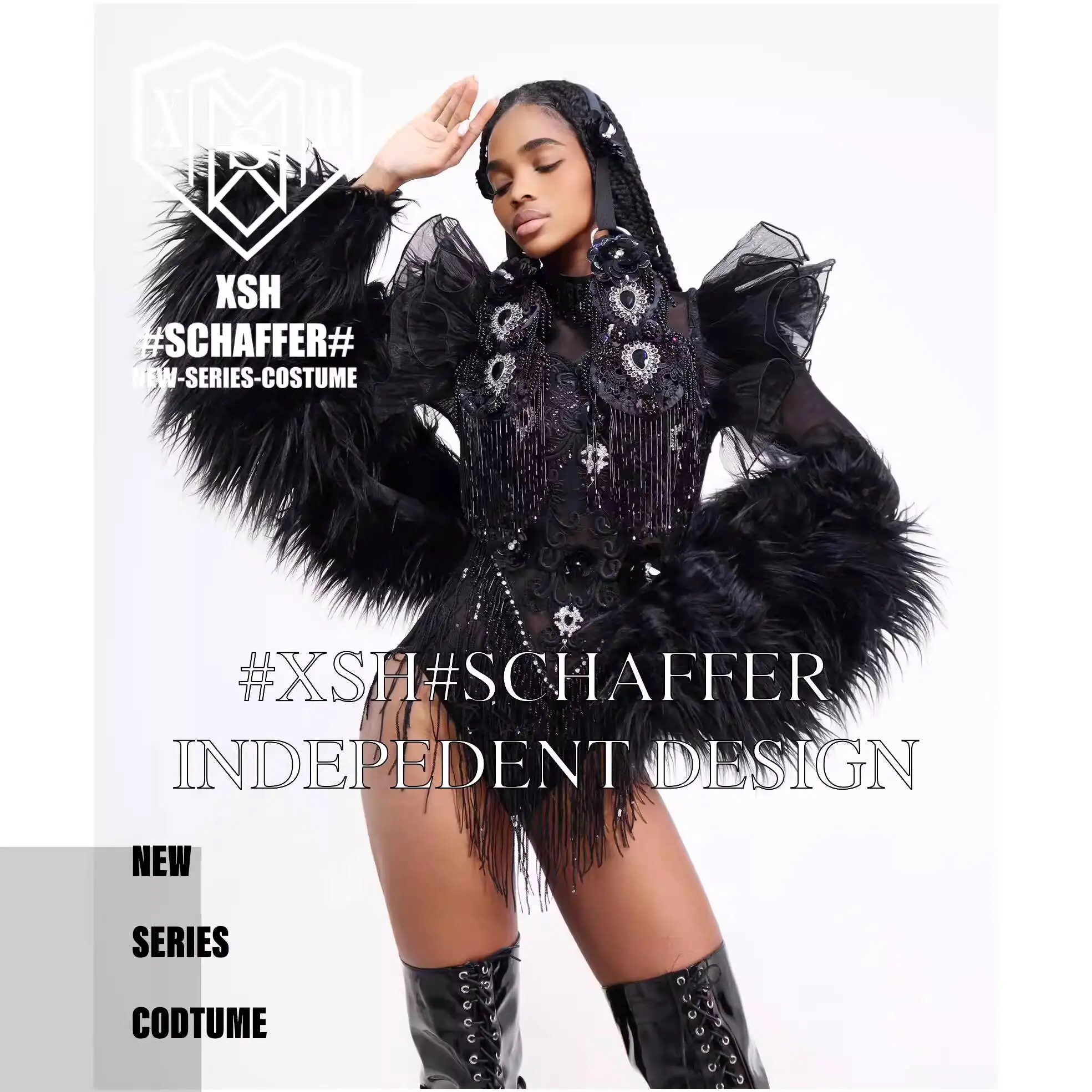 Halloween Bar Gogo Women's Sexy Nightclub Black Lace Fringe Furry Sleeves DS Singer Personality Performance Costume Custom view 4