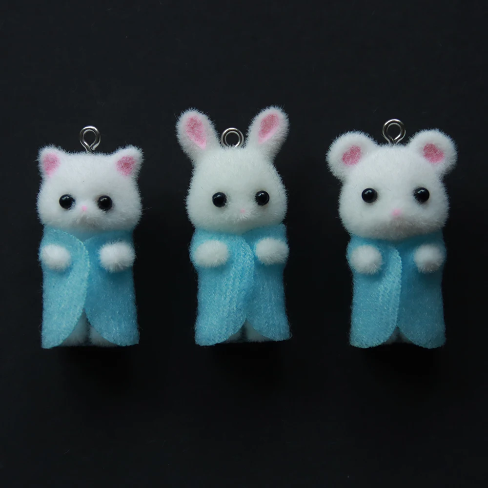 

30Pcs 3D Kawaii Flocked Cat Rabbit Mouse Charms Resin Animals Pendent Earring Keychain Accessories for DIY Crafts Jewelry Make