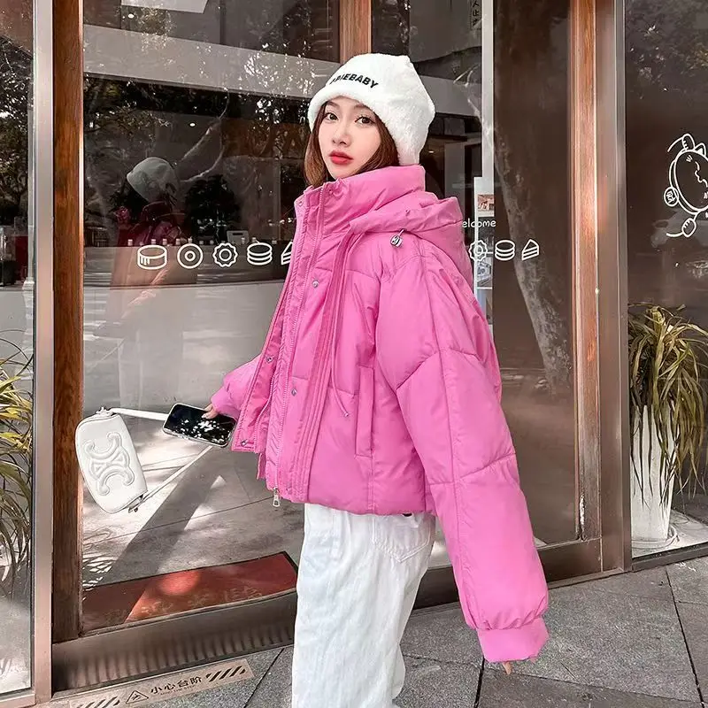 In The Winter Of 2024 New Cotton-padded Jacket Women's Ultra-short Hooded Thickened Loose Little Ribbon Cotton-padded Coat Tide