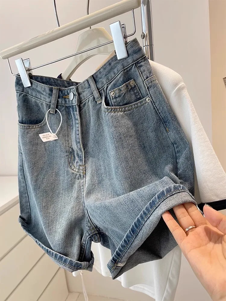 

Retro Denim Short Shorts for Women Summer Thin Wide Leg A-Line Hot Pants High Waist Light Blue Five-Quarter Length Jeans Fabric