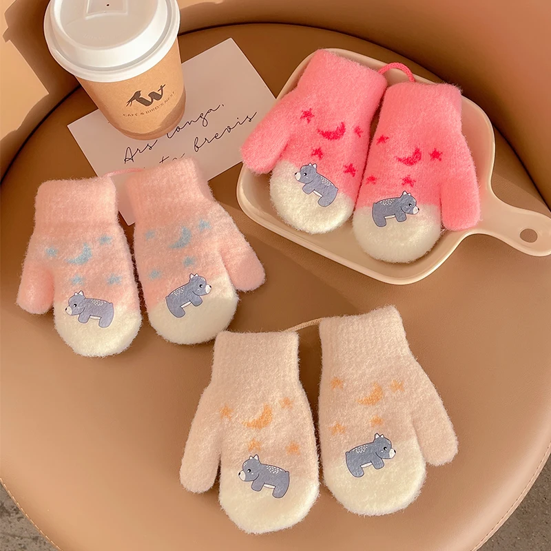 2022 New Baby Girls Cute Colors Cartoon Bow Plush Thickened Warm Gloves Children Soft Outdoor Windproof Warm Gloves Kids Gloves