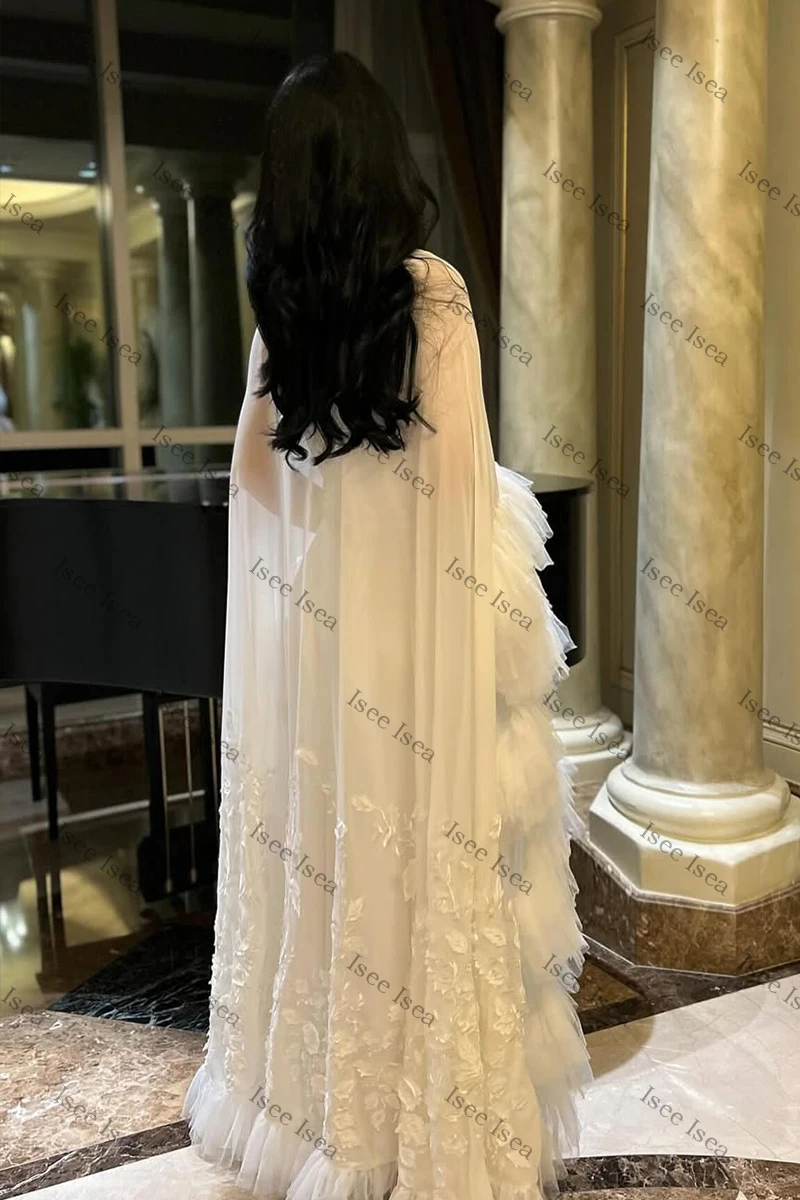 Vestidos de Noche blancos, apliques de cuentas de satén, volantes, ocasiones formales, mangas tipo capa, vestido de fiesta, vestidos de fiesta de noche personalizados