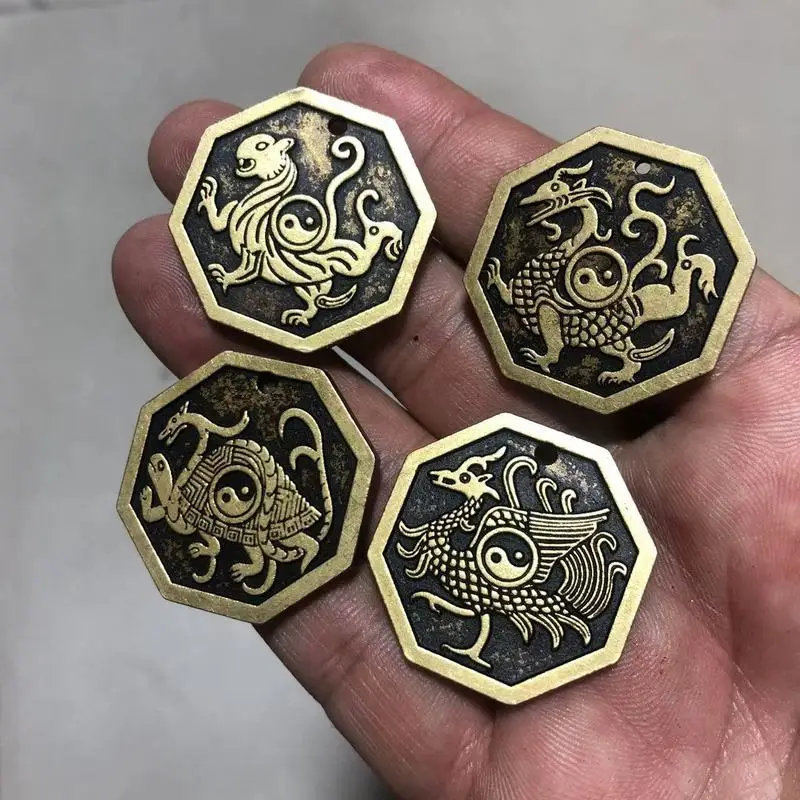 Antiqued brass hexagonal pendant featuring the four mythical beasts: Green Dragon, Red Bird, Black Tortoise, and White Tiger
