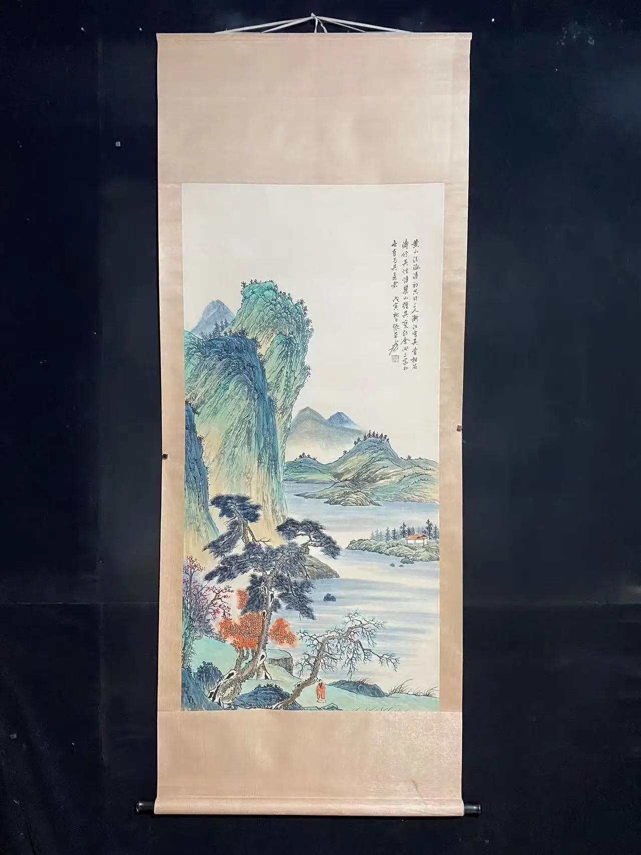 

Old Chinese hand-painted long scroll, mountain and water pine trees