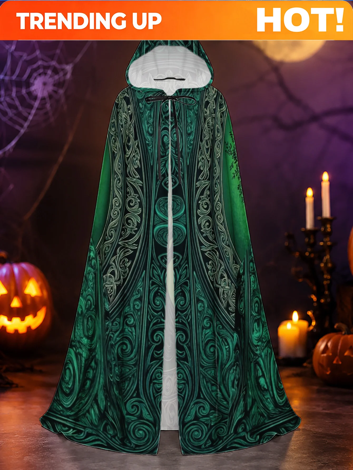 Customization 1pc, Polyester Witch's Robe With Green Pattern, Hooded Cape For Halloween And Christmas Cosplay, Suitable