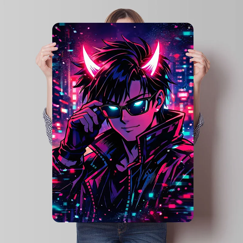 

Постер с изображением аниме-персонажа со светящимися рогами, индивидуальный ретро-декор для стен, винтажные металлические таблички для украшения мужской комнаты или спальни