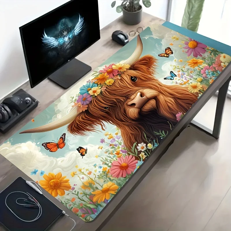 Highland Cow Floral Butterflies Desk Mat Oversized Non-Slip Gaming Mouse Pad for Office Decor