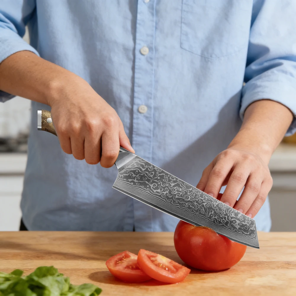 8.5 Inch Professional Kitchen Knife Damascus Steel Kiritsuke Knife Natural Burl Wood Handle Meat & Vegetable Slicer Gift Box