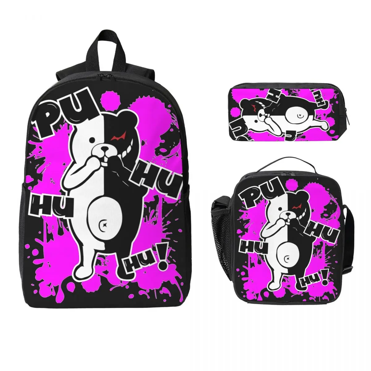 Monokuma Danganronpa Puhuhuhu Backpack Student Boys Girls BookBag School Bag Shoulder Bags 3ps Insulated Lunch Bag Pencil Case