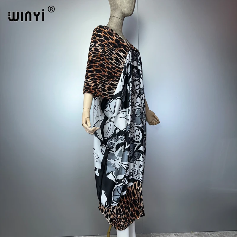 WINYI Abito estivo con stampa leopardata Donna design stropicciato Boho allentato abaya Dubai festa di lusso Elegante abito da sera pieghettato
