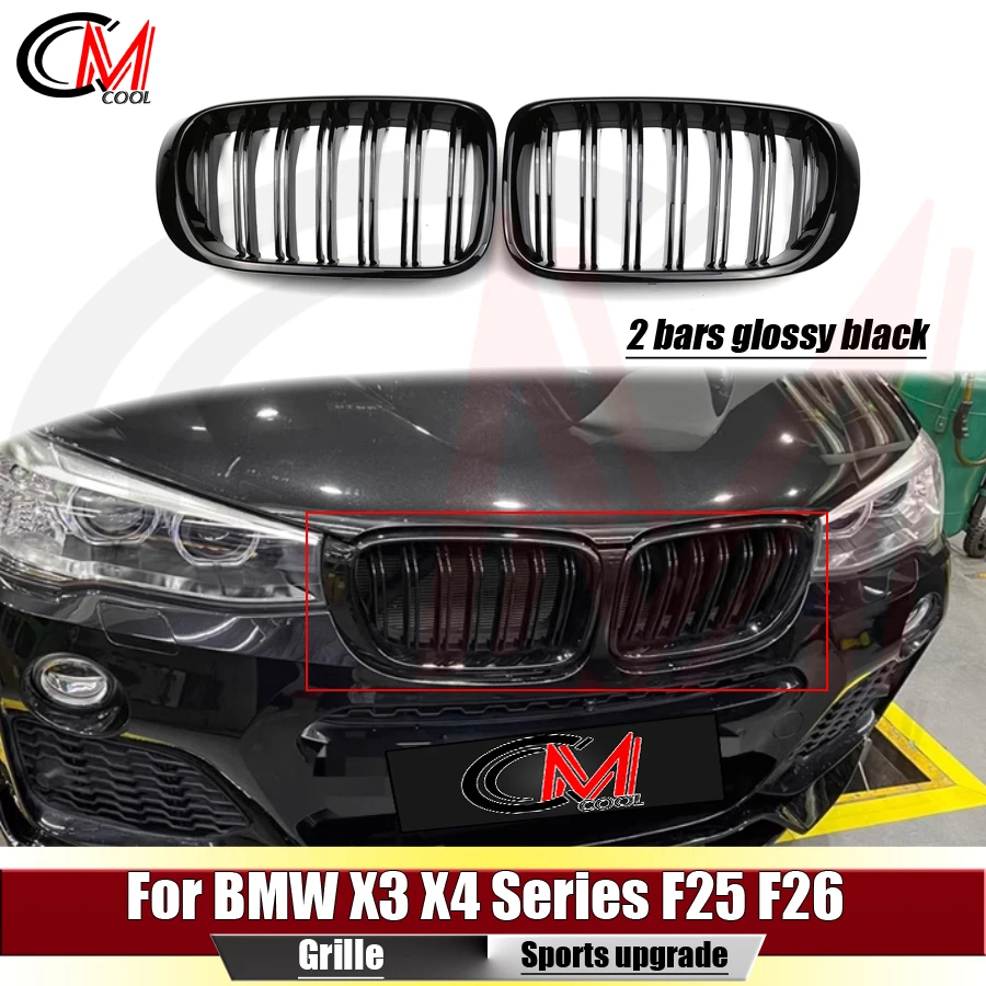 For BMW X3 X4 Series F25 F26 2014-2018 Glossy black ABS double kidney grille front bumper air vent mesh black center grille