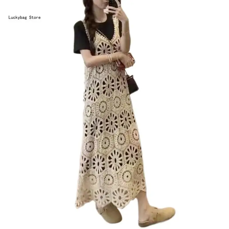 Women Hollow Out Crochet Geometric Flower Sleeveless Midi Long Dresses Beach Vacation Knitted Sheer Cover Up Dresses