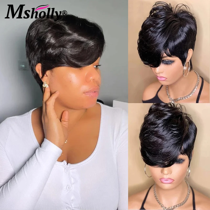 Perruque Bob Pixie Cut Brésilienne 100% Naturelle, Cheveux Lisses, Couleur Noire, Faite à la Machine, Densité 180