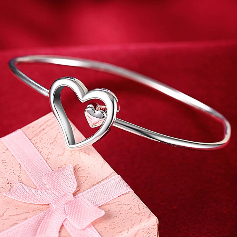 

925 Sterling Silver Heart Bangle Bracelet For Woman Fashion Wedding Engagement Charm Party Jewelry