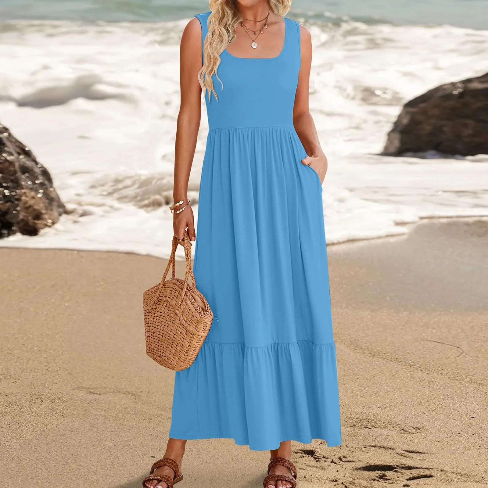 Long Summer Dress Women's Summer Sleeveless Dress Square Neck Pleated Swing Casual Maxi Dresses Womens Casual Evening Dresses