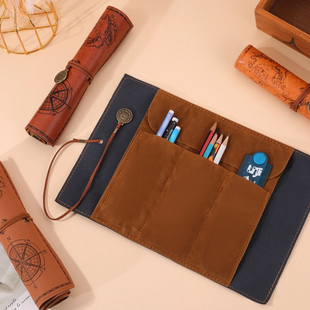 Creative Treasure Map Retro Pencil Case, Leather Large-Capacity Roll-Up Pencil Bag with Embossed Buckle, Simple Stationery Box, Portable Pencil Drawing Bag, Pen Holder