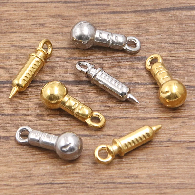 5Pcs 2 Color Mix Size 304 Stainless Steel Syringe Pendant Microphone Charm DIY Necklace For Jewelry Making