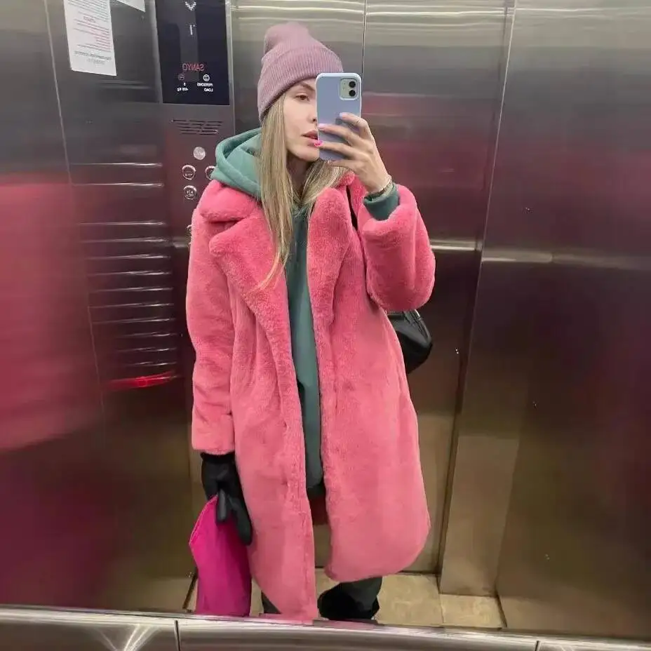 Inverno feminino de alta qualidade falso coelho luxo longo casaco de pele solto lapela casaco grosso quente plus size feminino casacos de pelúcia