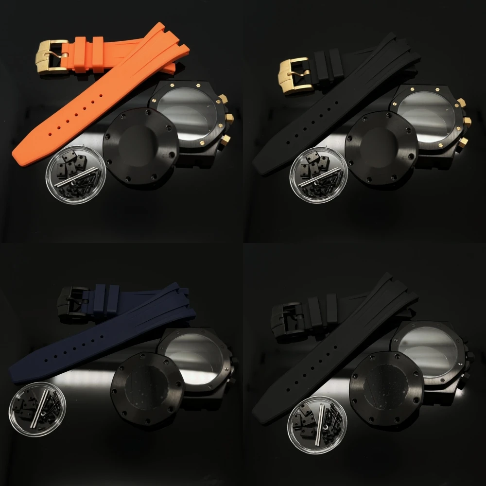 Preto ouro 41mm borracha estilo aço caso cinta relógio peças fivela para caso de carvalho 31.8mm dial vk63/64 kit ponteiro movimento quartzo