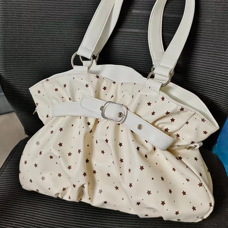 

Korean Belt Buckle Polka Dot Shoulder Bag,Women Large Capacity Lightweight Star Print Tote Bag,Vintage Versatile Commute Handbag