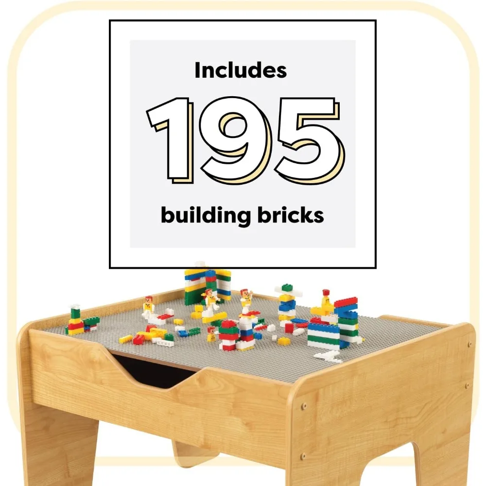 طاولة أنشطة خشبية قابلة للعكس مع 195 قطعة بناء، رمادي وطبيعي، هدية للأعمار من 3 سنوات فما فوق #4