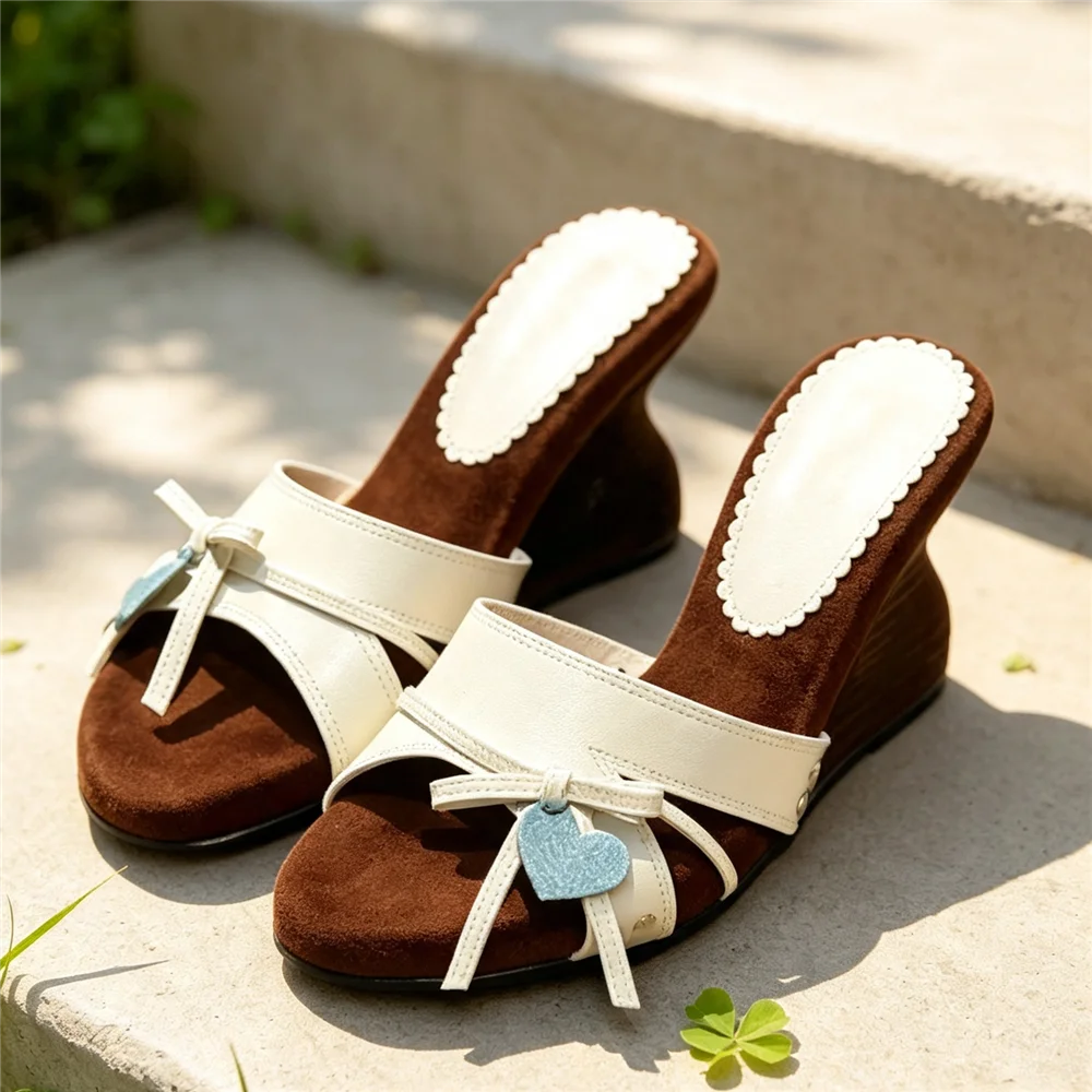 Women Sweet Bow Blue Heart Wedge Slide Sandals Open Toe Slip On Mules Platform Wedge Slippers Summer Vacation Beach Casual Shoes