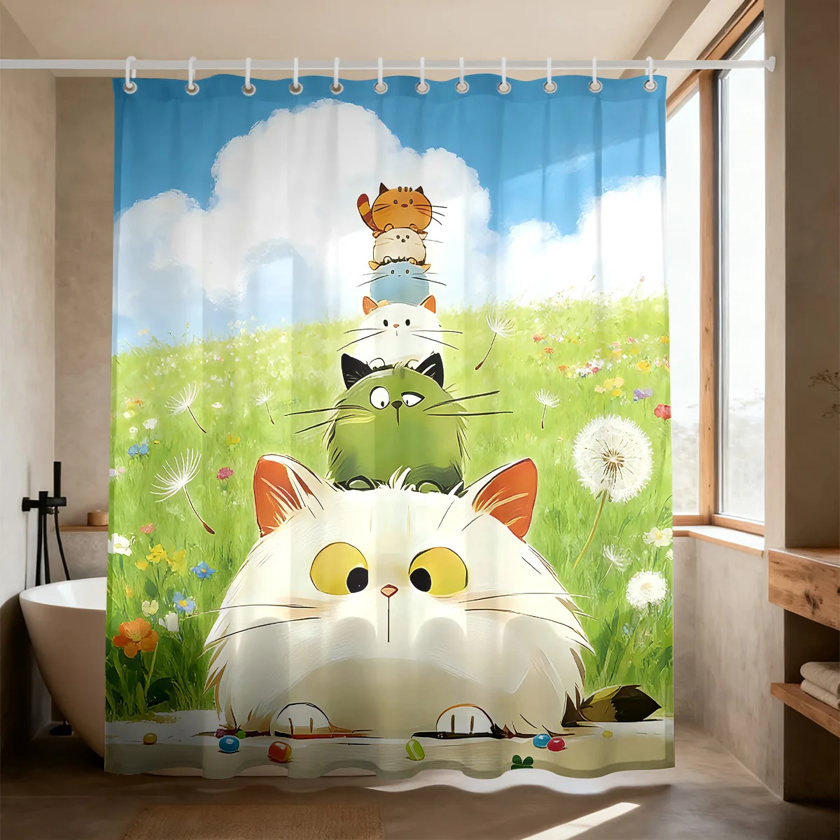 Adorable Multi‑Color Stacking Fluffy Kittens Wild Flower Grassland Blue Sky Background Pattern Bath curtain Cozy Plush