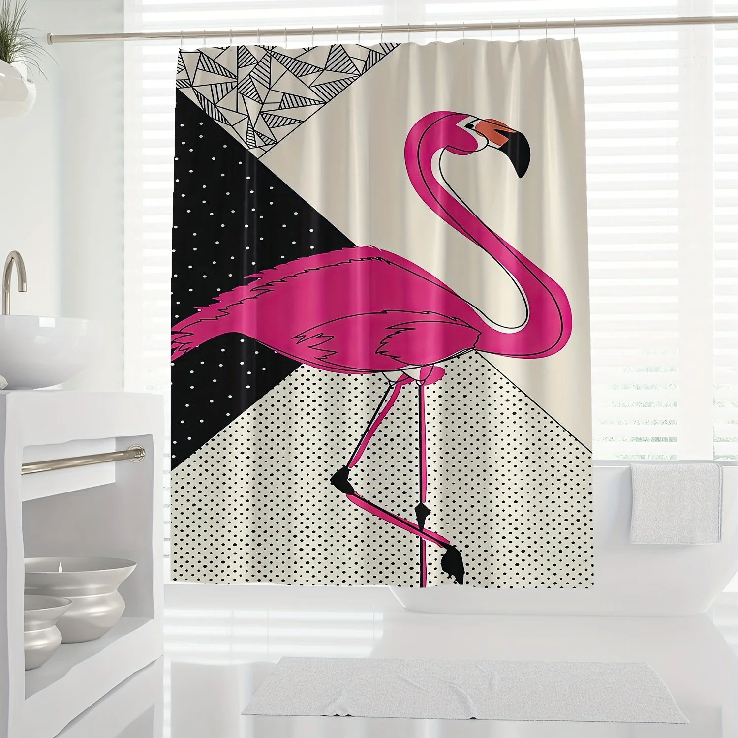 

1 шт., высококачественная занавеска для душа с фламинго — современный скандинавский минималистичный мультяшный дизайн с геометрическими узорами, яркий розовый и черный