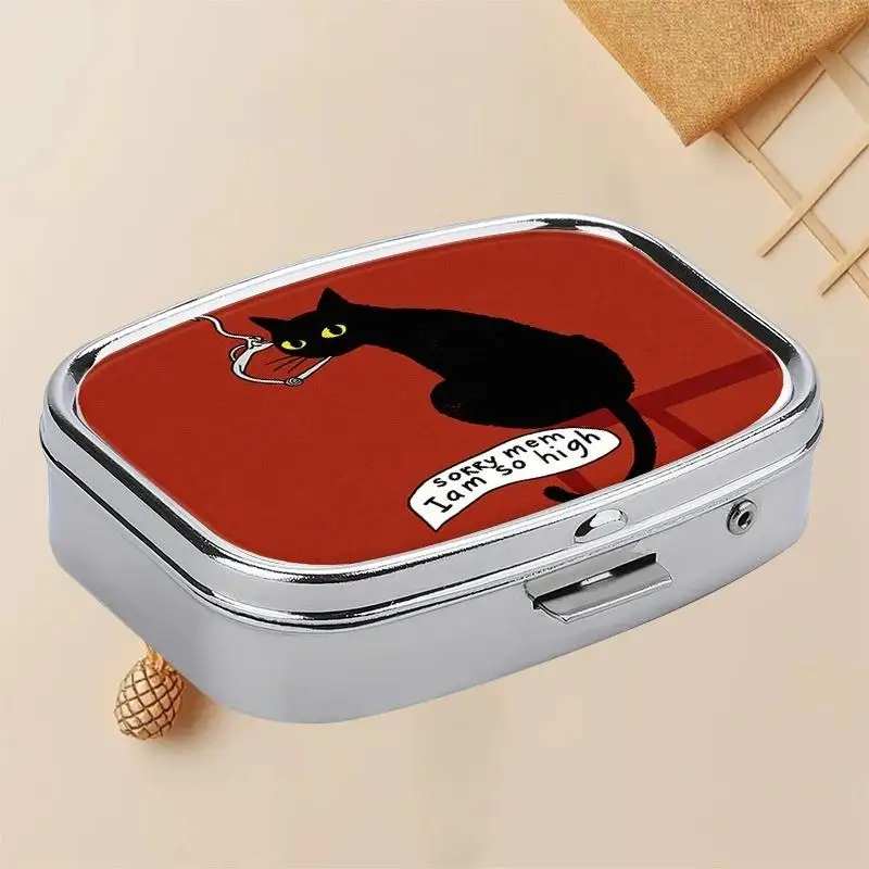 Funny Black Cat Portable Pill Box 2 Grid Metal Mini Medicine Case Pill Organizer Small Travel Medicine Box For Pocket & Purse