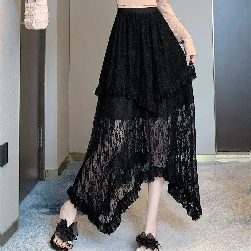 

Lace Fairycore Tulle Women Skirt Sweet Ruffle White Skirts Vintage Korean Style Streetwear Patchwork Irregular Skirt